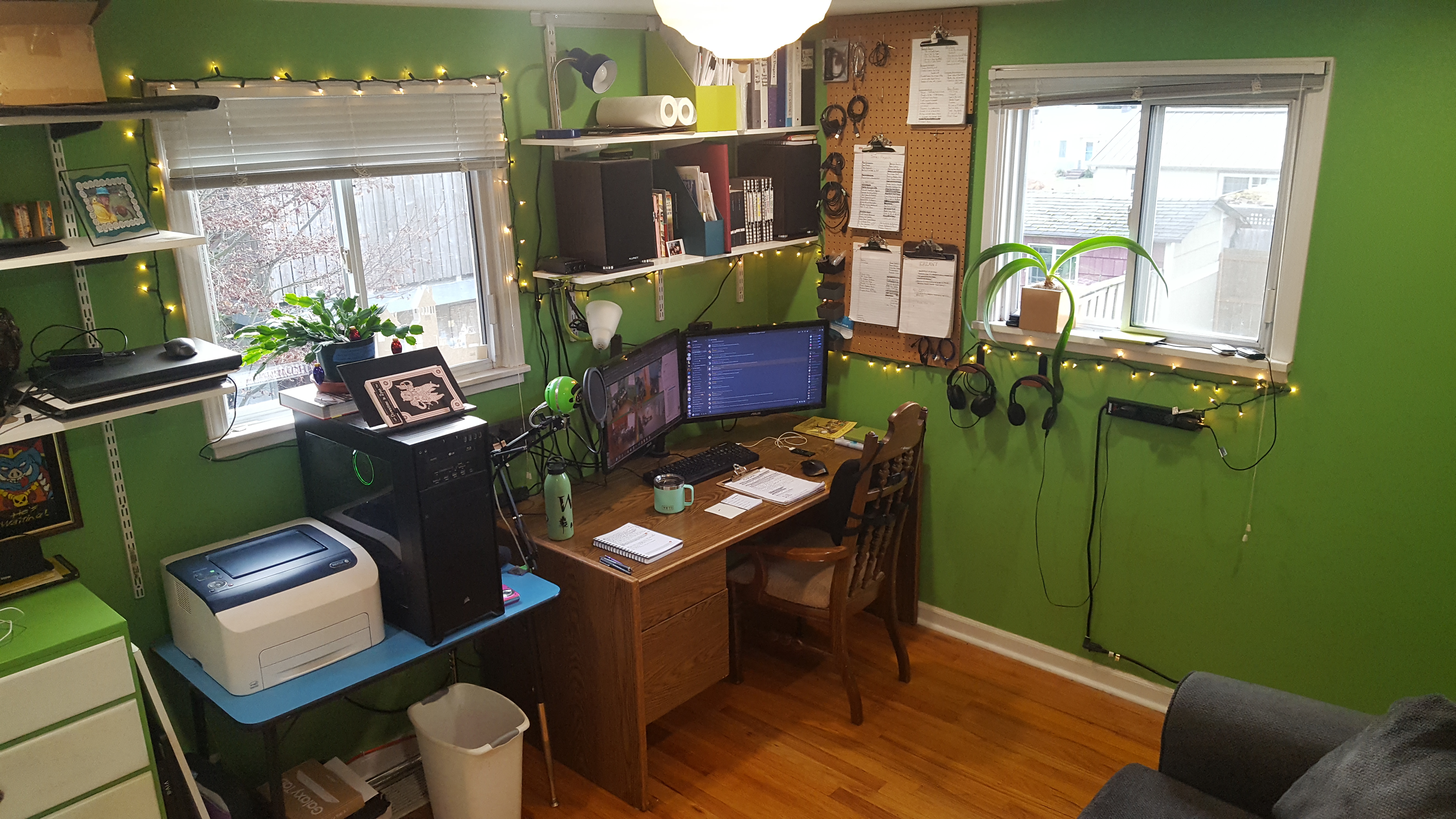 My office in 2022. Now with two houseplants, and a pegboard for spare cables and clip boards.