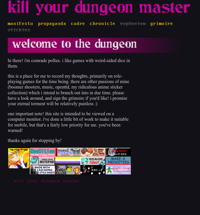 Screenshot of the Kill Your Dungeon Master landing page. Dark background with pink highlights. The page has many 1990s style web buttons clustered at the bottom.