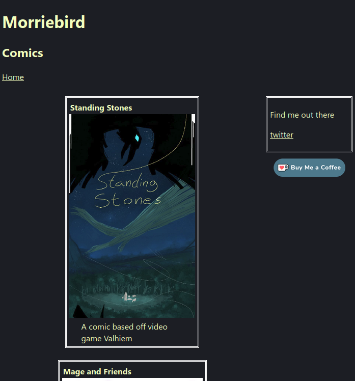 Screenshot of the Morriebird dot Art home page. His comic 'Standing Stones' is front and center, with a small side bar to the left.
