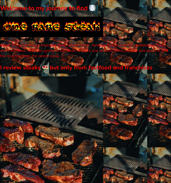 Screenshot of the One Rare Steak landing page. Intentionally illegible red text on top of a repeating background photo of steak on a grill.