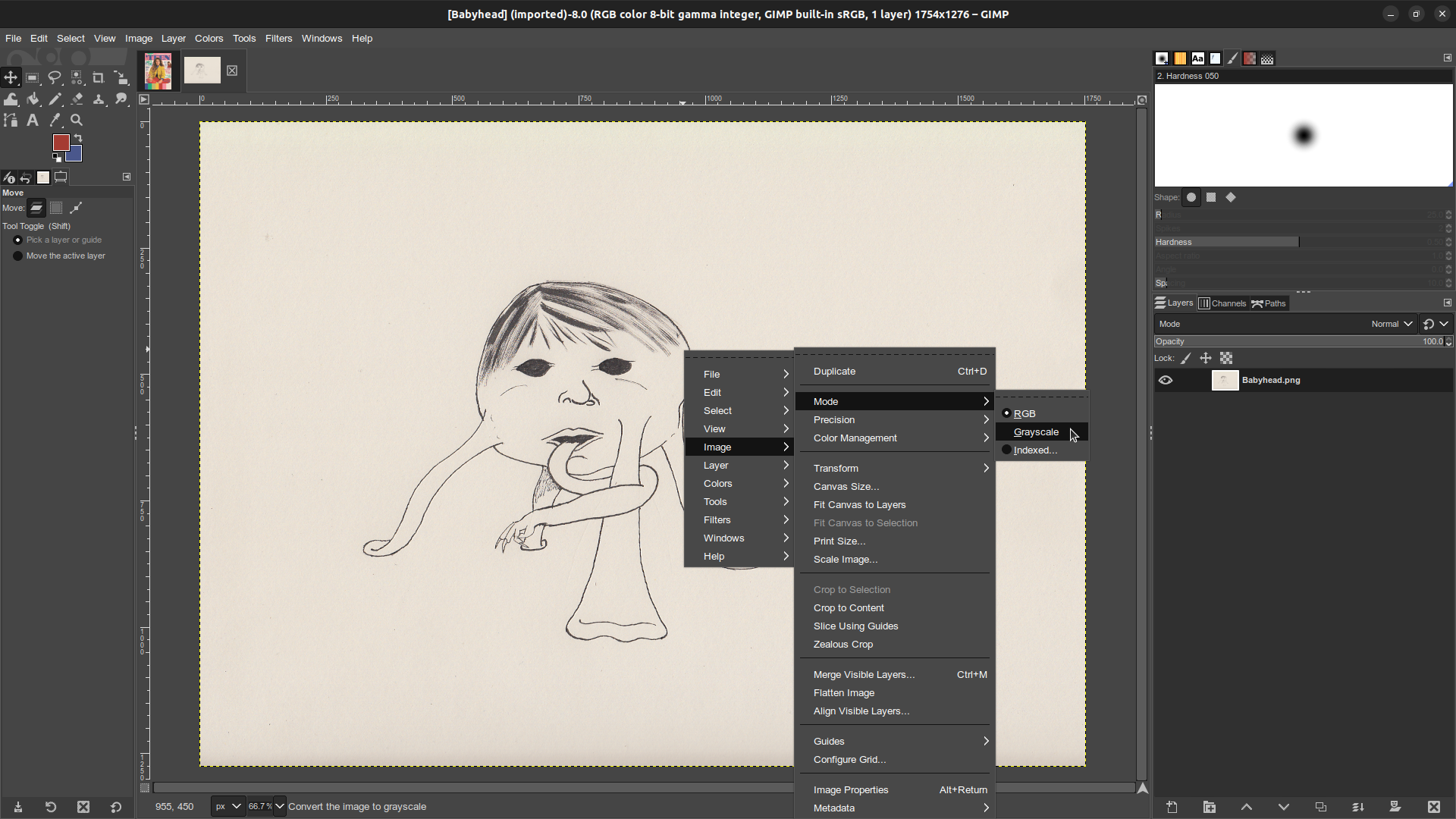 GIMP window in which the Babyhead monster illustration is open. The right click menu is open, showing Image, Mode, Greyscale highlighted.