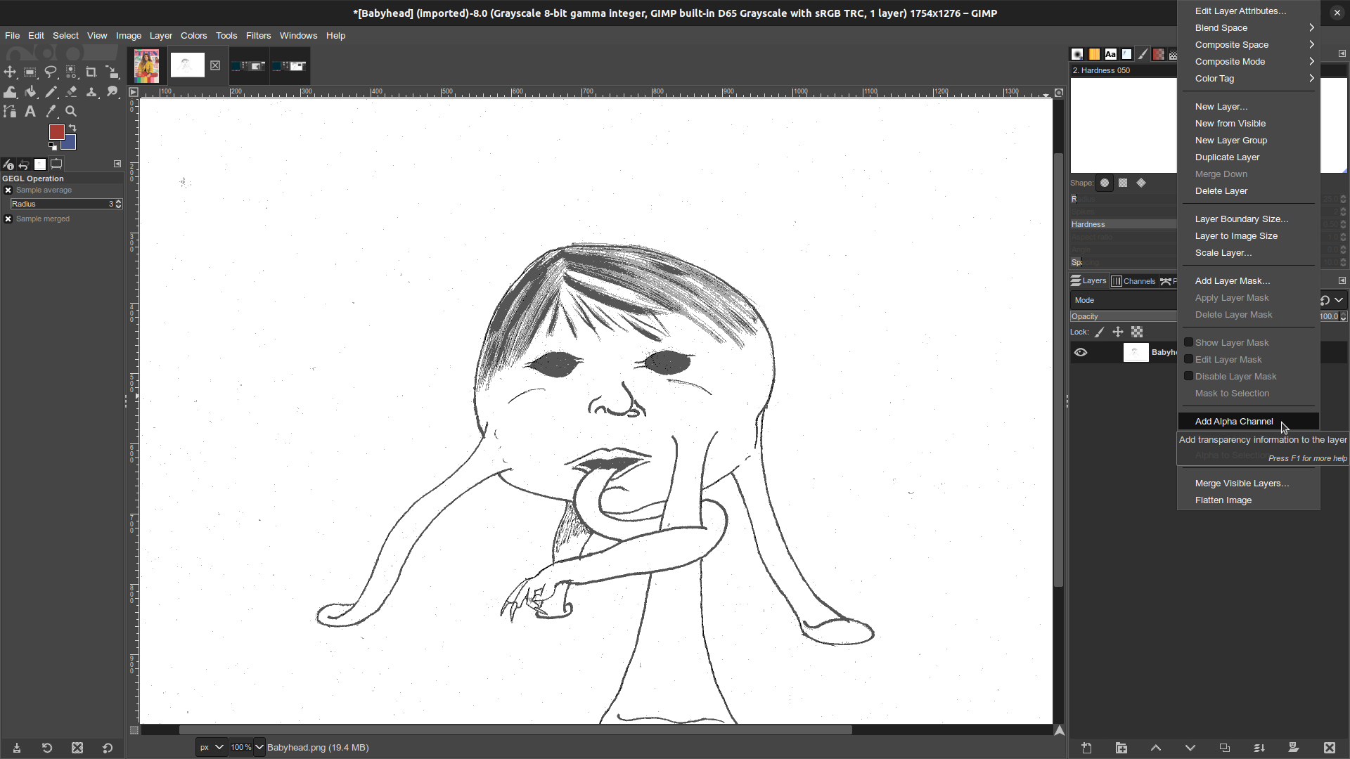 GIMP window in which the Babyhead monster illustration is open. The right-click menu is open for the current (and only) layer in the layer's dialogue. Add Alpha Channel is selected by the cursor.