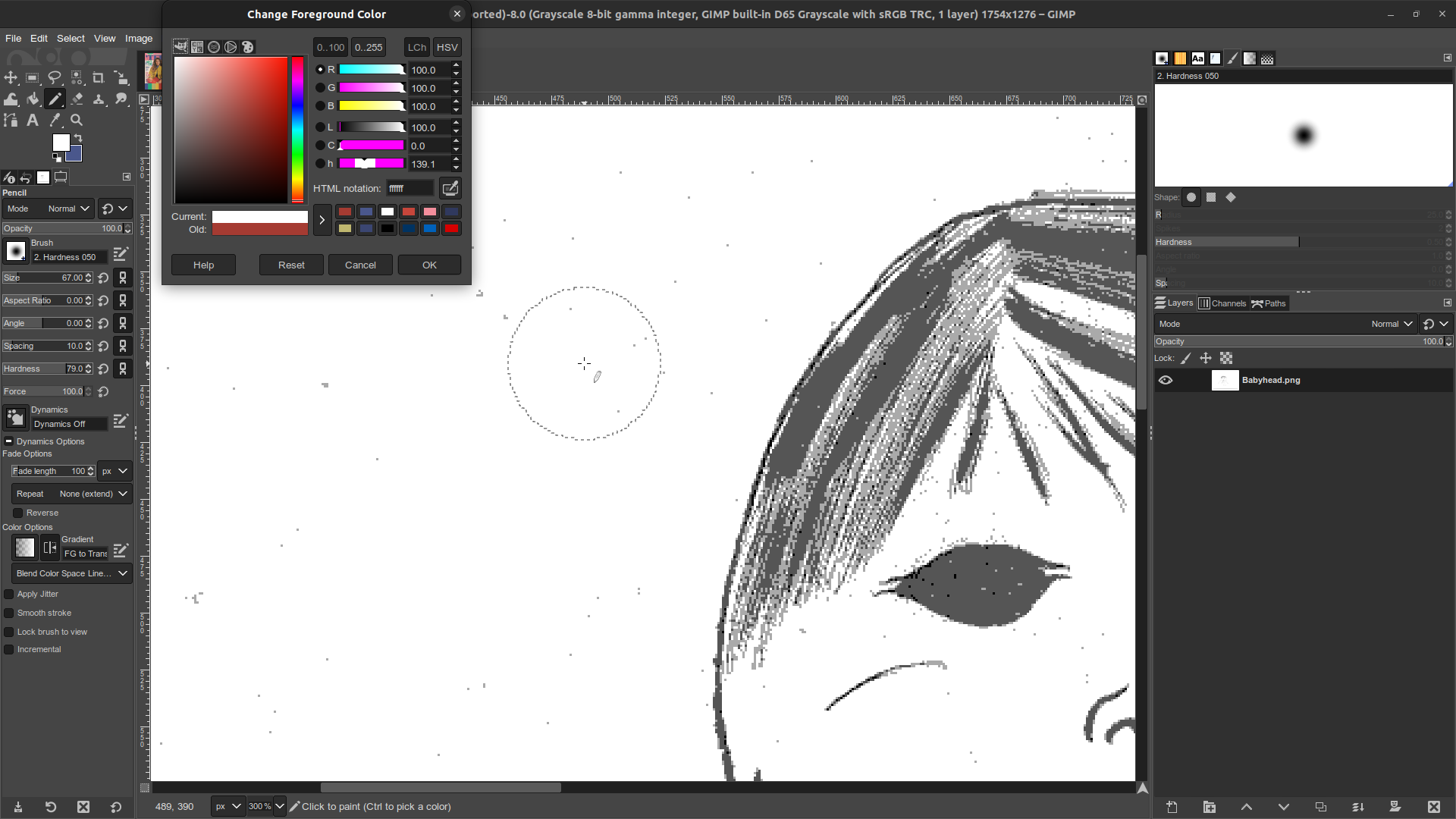 Gimp window in which the Babyhead monster illustration is open. The image is zoomed in to show many specks of grey in the field surrounding the illustration. The color picker dialogue is open and set to white, and a large cursor is selected.