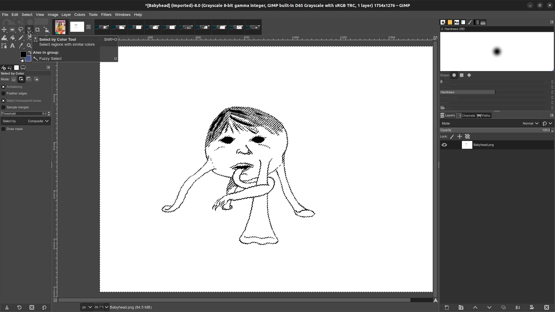 Gimp window in which the Babyhead monster illustration is open. Zoomed back to normal scale now, and the 'marching ants' that indicate selection now enclose all areas of white, both outside of and within the illustration.
