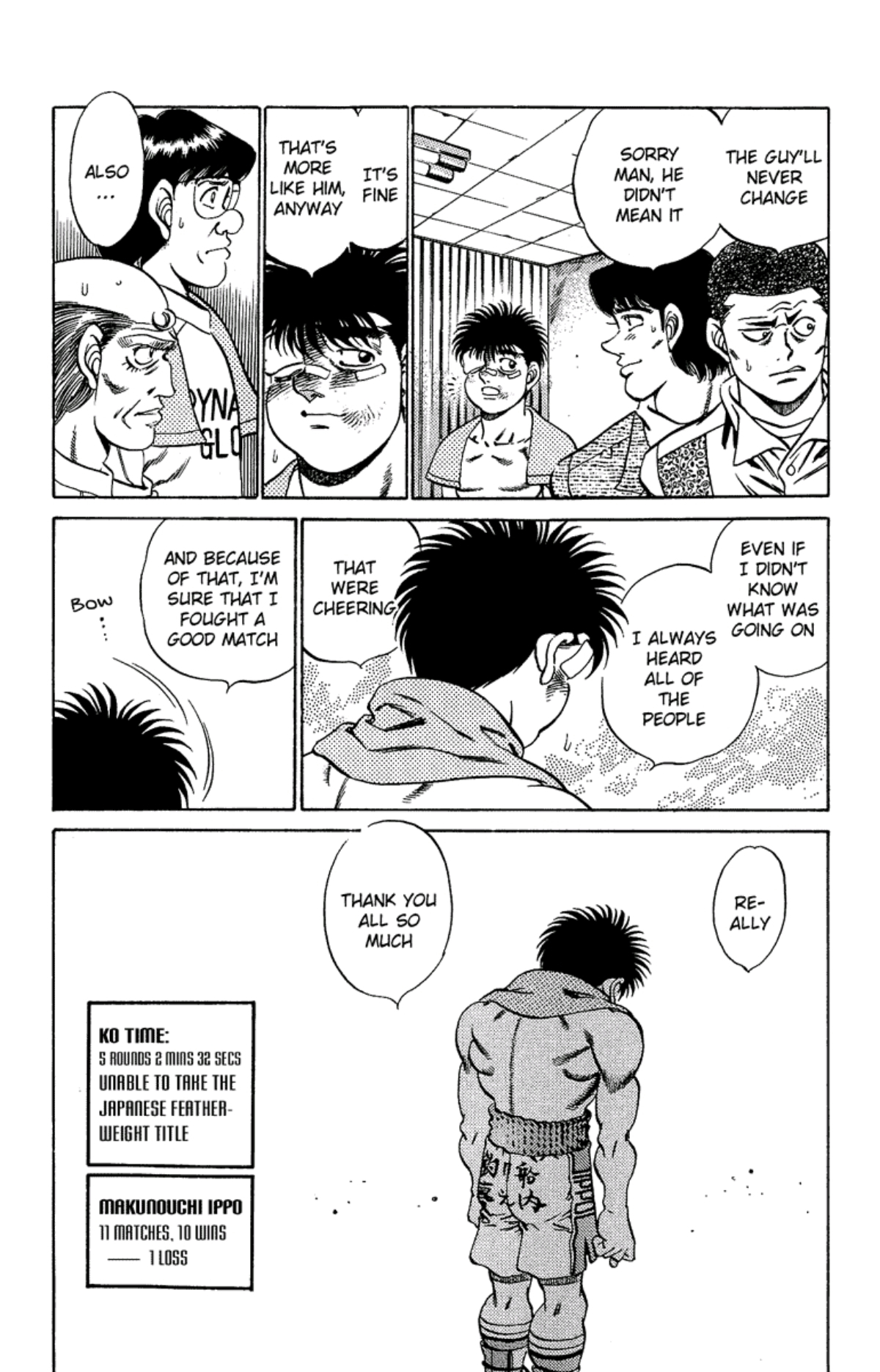 Ippo reflects that it must have been a good match since the growd was cheering. His record is 11 matches, 10 wins, 1 loss. 
