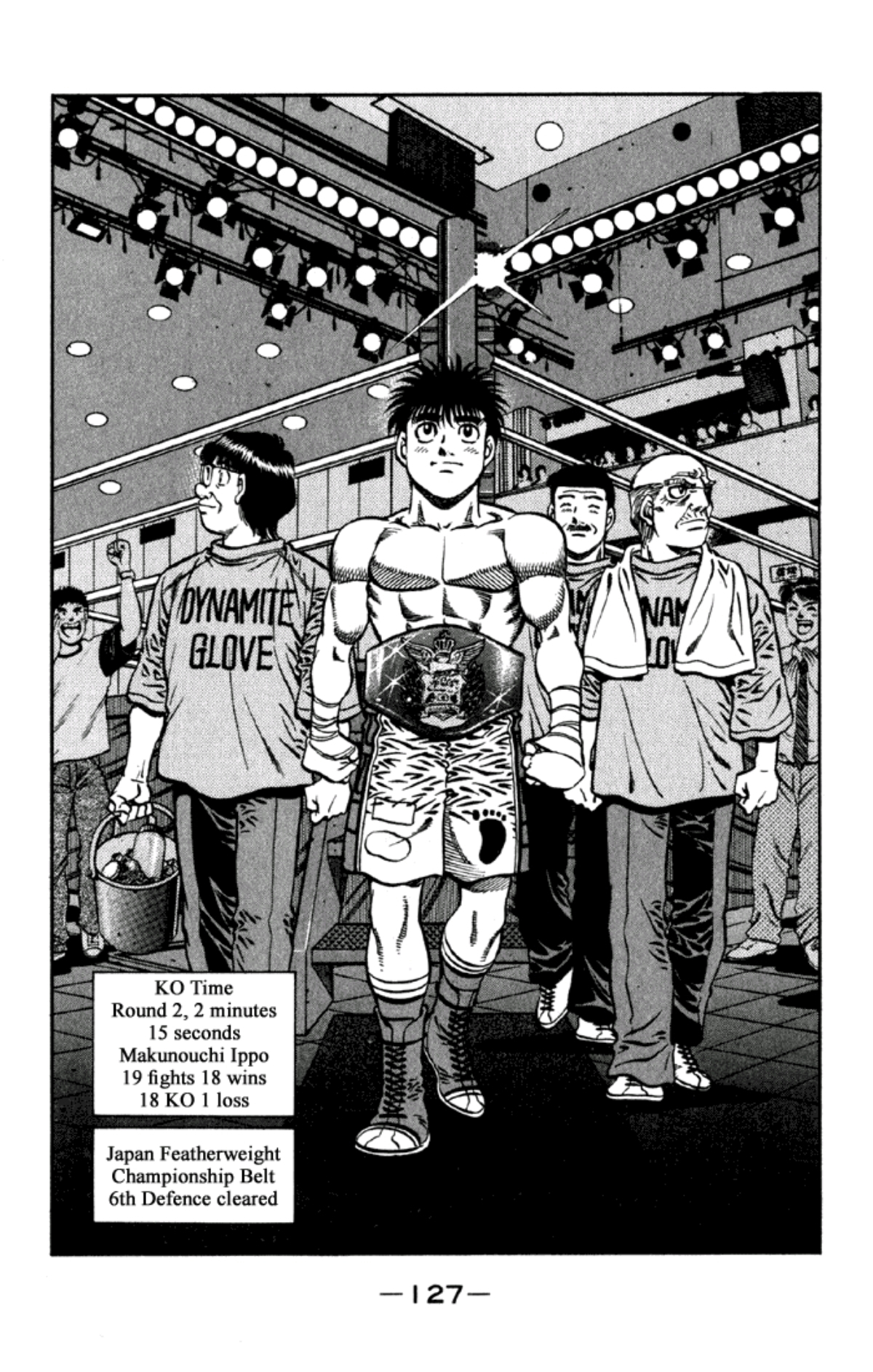 A low angle shot of Ippo walking proudly away from the ring, championship belt around his waist. Ippo's record is 19 fights, 18 wins, 1 loss. 