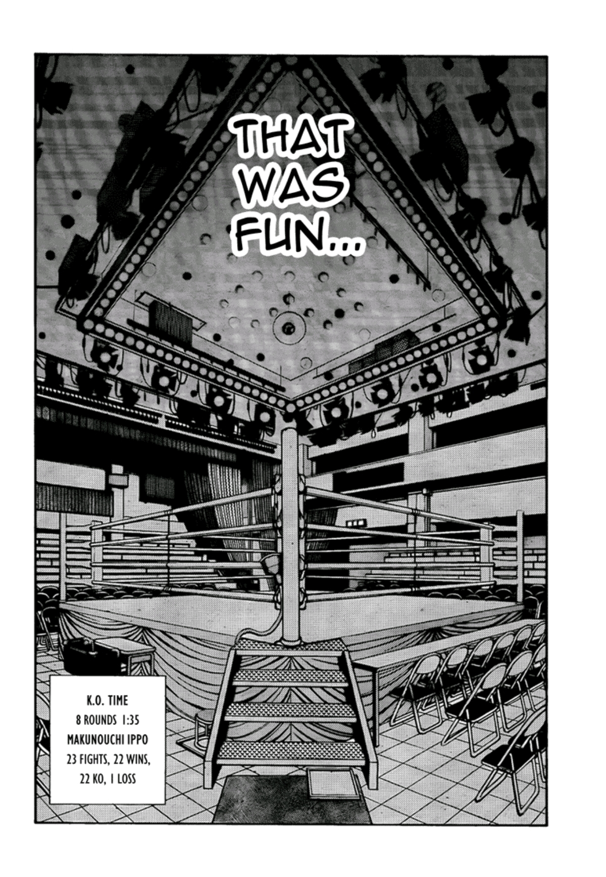 A boxing ring illustrated from the corner. Text reads: That was fun. Ippo's record is 23 fights, 22 wins, 1 loss. 