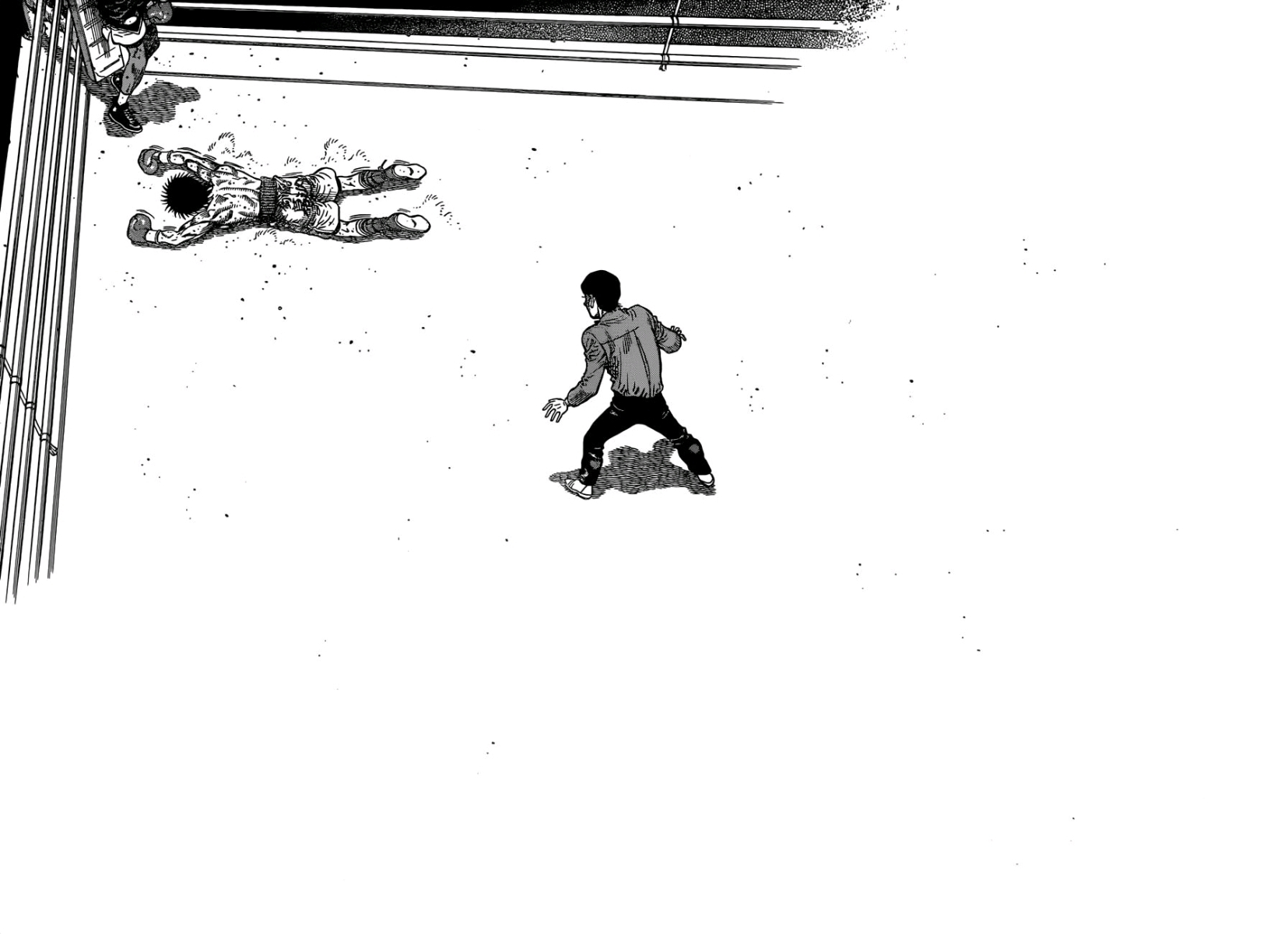 Ippo lies flat on his face in the corner. The referee leans forward towards his prone body. A two page spread fades into a field of white.